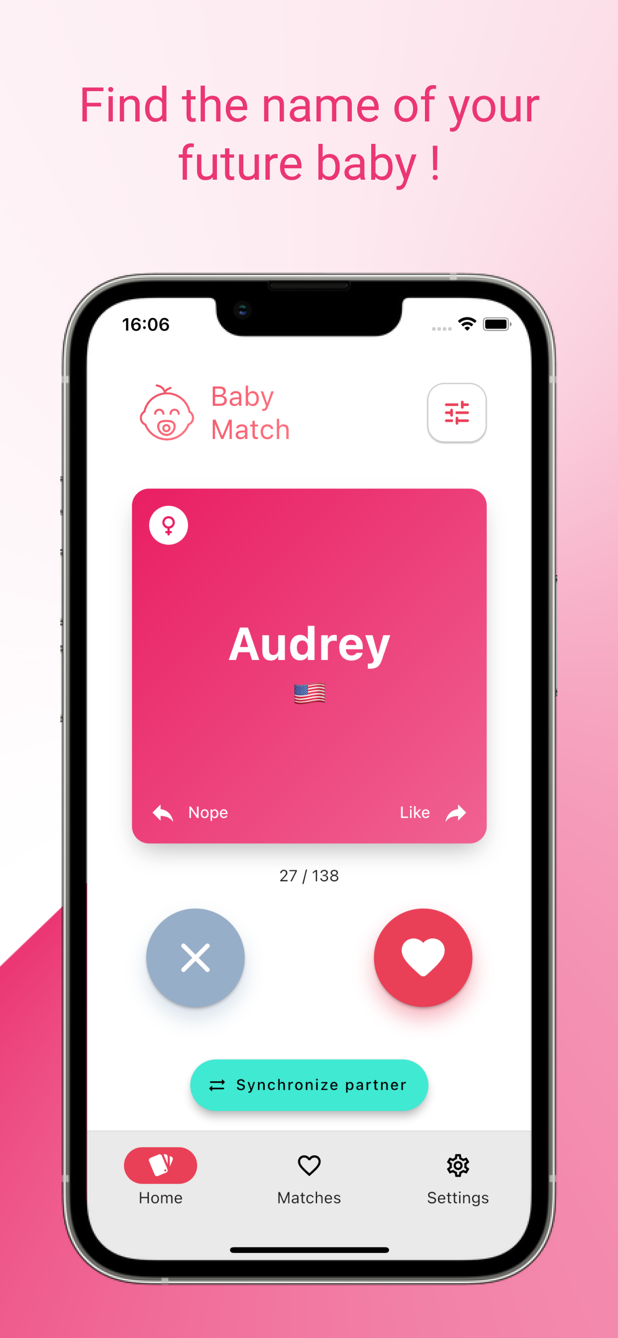 Baby Match app screenshot - Main swiping interface with name Audrey