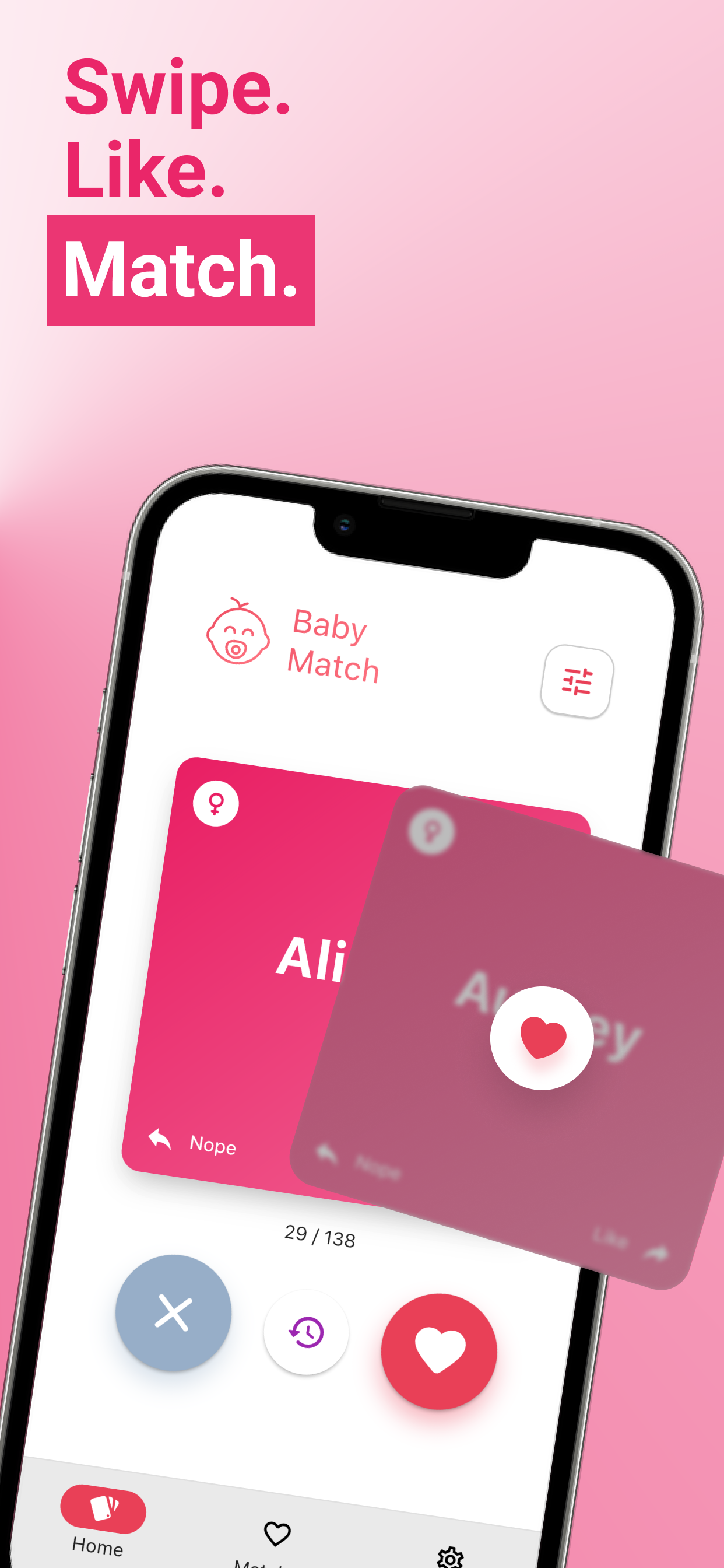 Baby Match app screenshot - Swipe, Like, Match interface