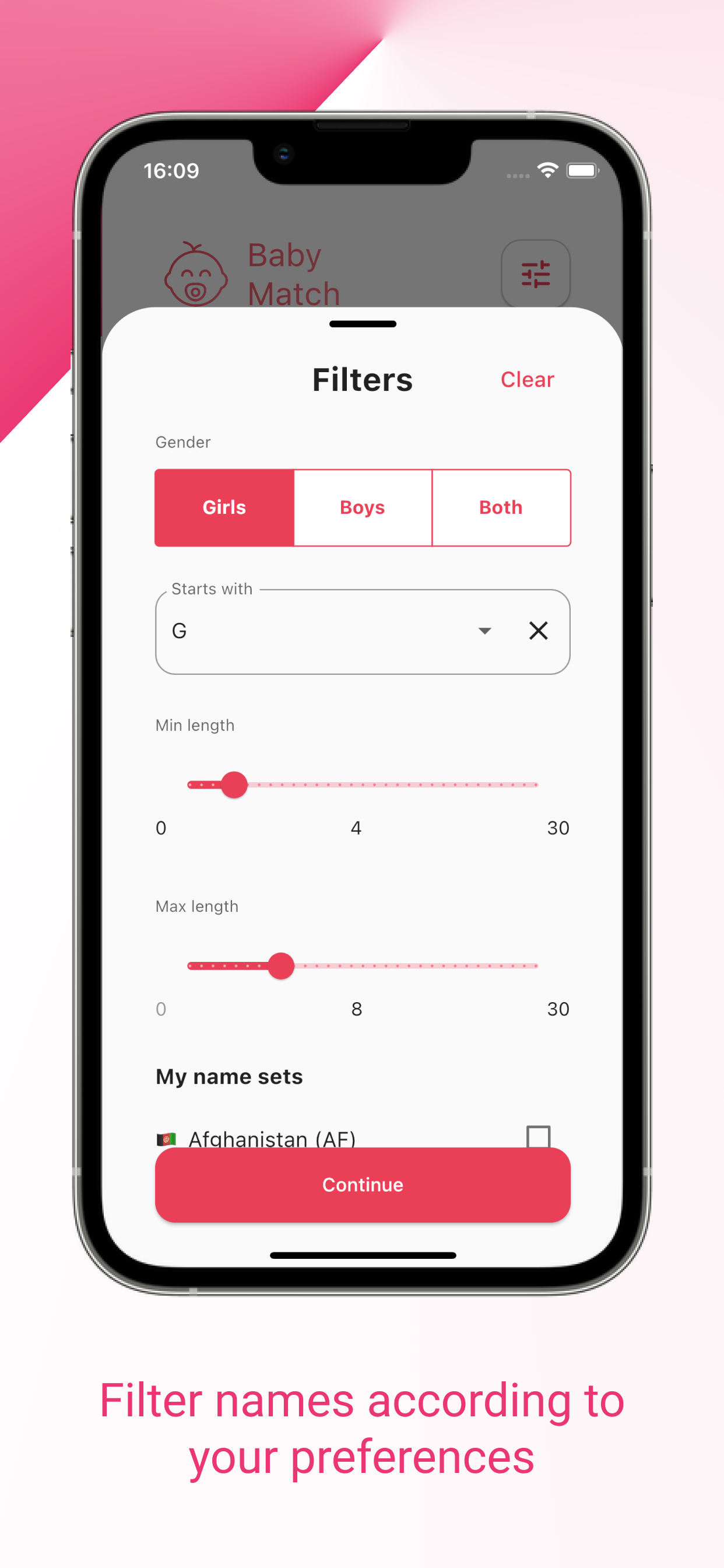 Baby Match app screenshot - Filter names according to your preferences