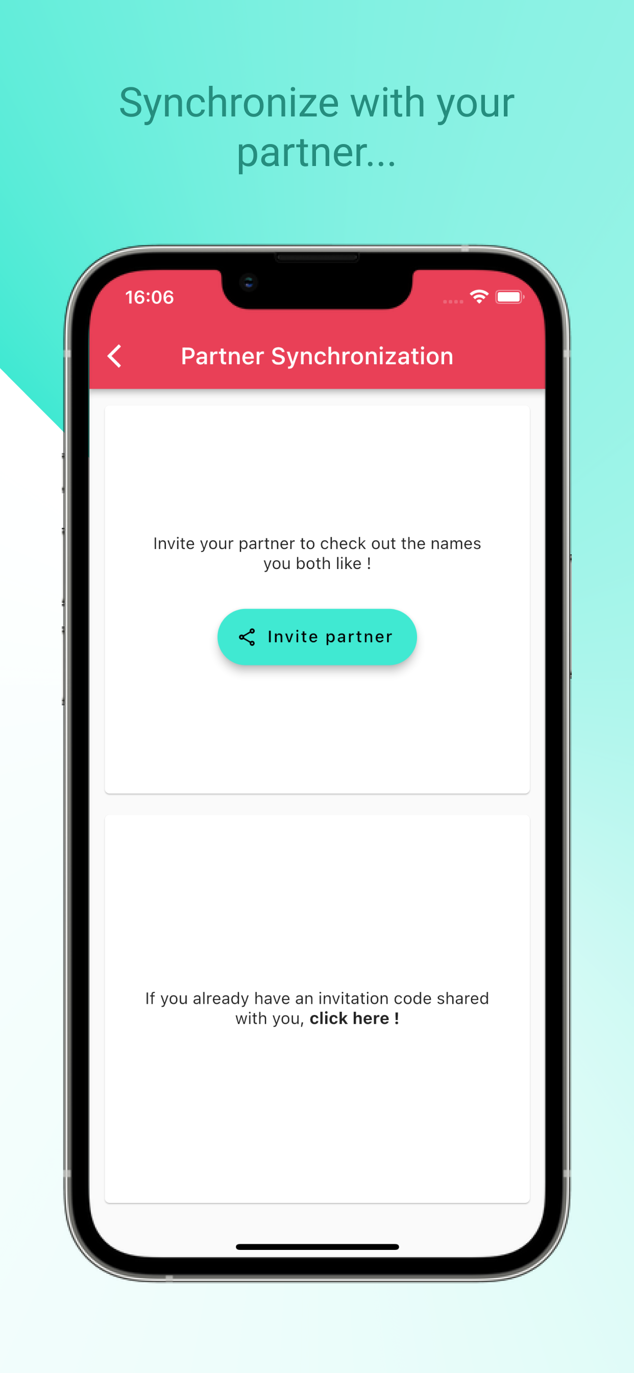 Baby Match app screenshot - Partner synchronization feature