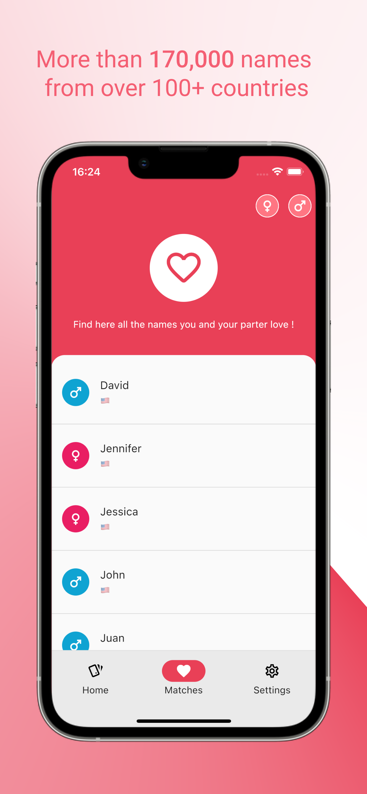 Baby Match app screenshot - Matches list with names you both like